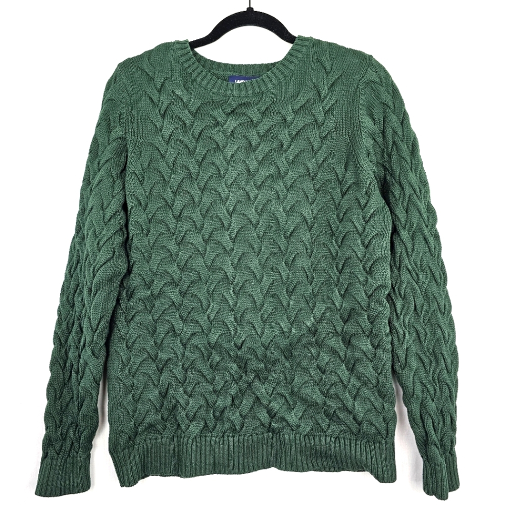Lands End Green Cable Knit Sweater Crewneck Pullover Women's Medium 10/12